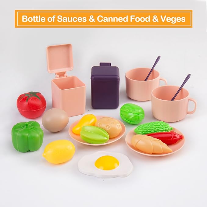 118Pcs Mini Play Kitchen Accessories for Kids, Pretend Cooking Playset with Cookware, Tableware & 2 Fruit Sets, Learning Gift for Girls, Boys, Toddlers, Pink
