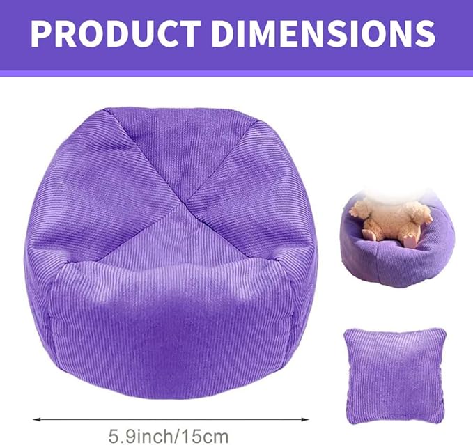 Miniature Sofa for Labubu, Cute Doll Seat for 17cm Labubu, Handmade Bean Bag Chair with Pillows, Soft Lazy Sofa Seat Miniature Couch for Dollhouse Furniture Decoration (Purple)