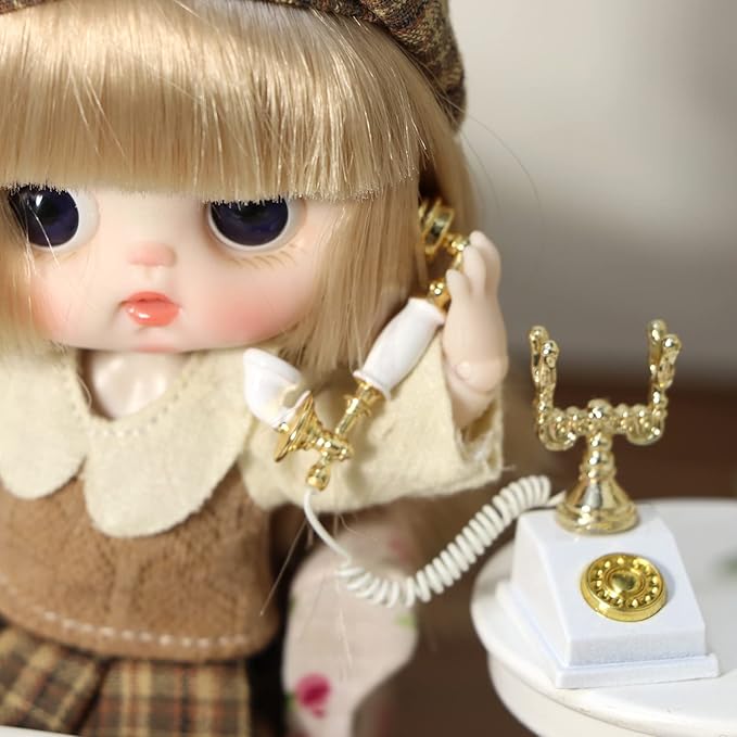 Dollhouse Telephone 1:12 Miniature Vintage Rotary Phone Model Desk Decoration Retro Mini Accessorries for Artificial House Living Room Scene (White)