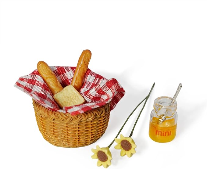 Miniature Food Dollhouse Accessories Garden Decor 1:12 Scale Bread Honey Picnic Basket Cloth Flowers 9PCS Garden Decoration Mini Room Display Props Model (Red Picnic Cloth)