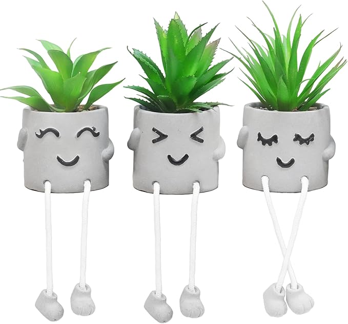 SEMSOIIO 3 Pcs Aesthetic Faux Succulents with Dangling Legs Small Fake Plants in Face Pots Kawaii Shelf Sitters Unique Office Gifts for Women and Coworkers Grey