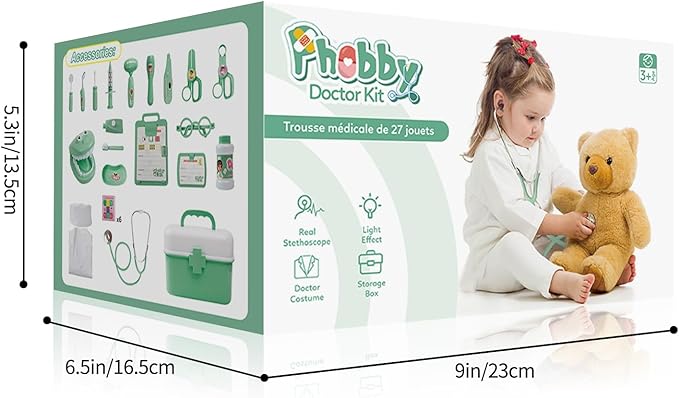 Phobby Durable Doctor Kit for Kids, 27 Pcs Deluxe Pretend Play Medical Kit Toy with Real Stethoscope, Doctor Kit for Toddlers Boys Girls Birthday Gift (Green)