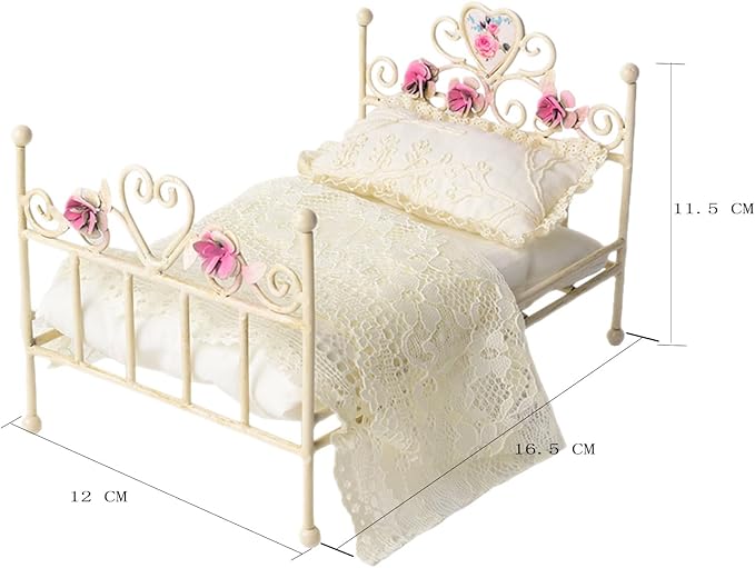 1:12 Dollhouse Furniture Bed, 1 Set Miniature White Hand Floral Engravings Iron Bed with Removable Bedding and Pillow, Miniature Furniture Gift for Dollhouse Lovers and Collectors