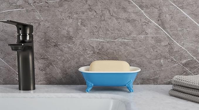 NEWHENGS 6.5" Ceramic Mini Decorative Clawfoot Bathtub Bar Soap Dish, Kitchen Sponge Holder and Shower Tray for Bathroom, 1 Pack(Pacific Blue)