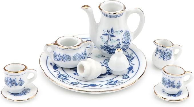 Dollhouse 1:6 Porcelain Tea Cup Sets 8 Pcs Set Miniature Ceramics Dollhouse Accessories Flower Pattern Teapot Platter Dish Sets Dollhouse Kitchen Supplies Decoration (Blue)