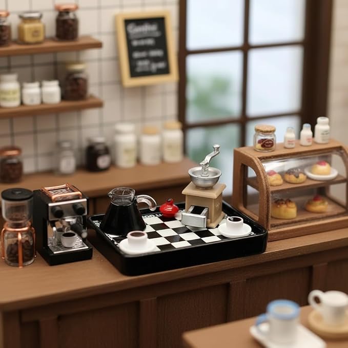 Dollhouse Miniature Coffee Shop Set, 1:12 Scale Mini Café Accessories, DIY Dollhouse Display Kit, Detailed Tiny Café Scene Kit for Collectors & Crafts