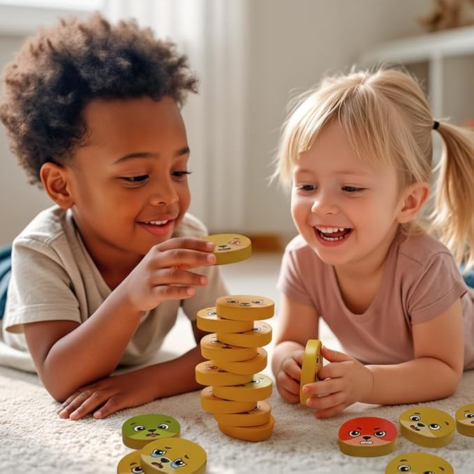 Bimi Boo Emotion Stacking Blocks for Toddlers - Montessori Social-Emotional Learning Toy Set (Set of 14 Wooden Stones)