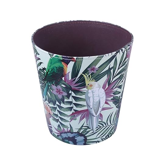 Scakbyer 10L/2.64 Gallon Trash Can, Decorative Waste Basket, PU Leather Waste Paper Basket, Waterproof Garbage Can for Bathroom, Bedroom, Office, Kitchen and Living Room - Green and White Bird