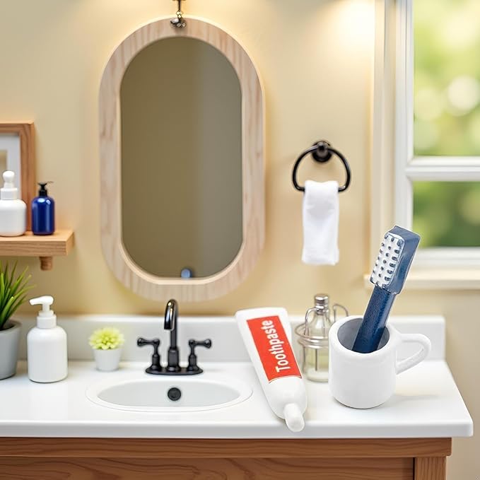 3 Piece Cute Miniature Dollhouse Bathroom Kit – 1:12 Scale Accessories Including Cup, Toothpaste & Toothbrush（Random）, DIY Toiletries Models for Toilet Scene Crafting & Micro Display Decoration