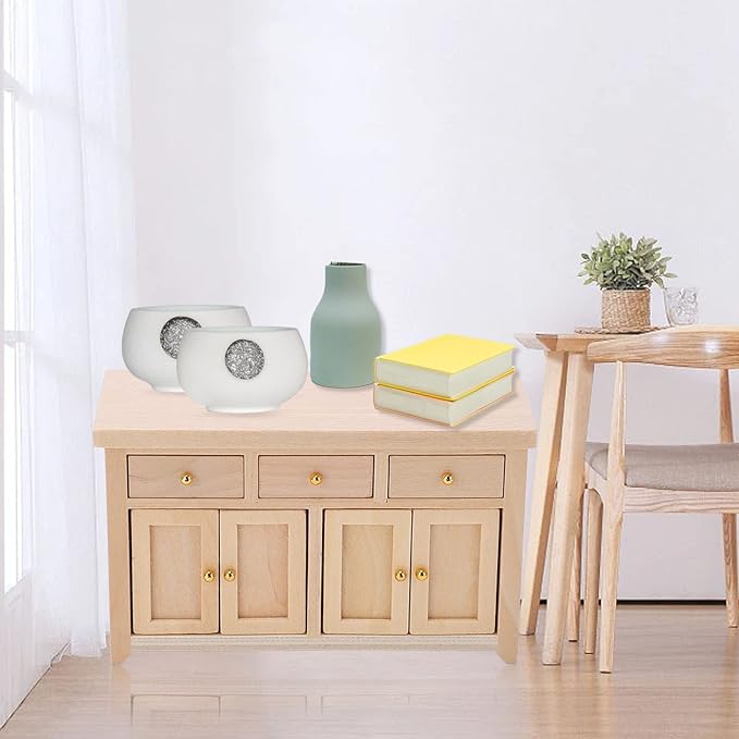 1:12 Scale Birch Dollhouse Storage Cabinet - Miniature Living Room Furniture for Dollhouses (Wood Color)