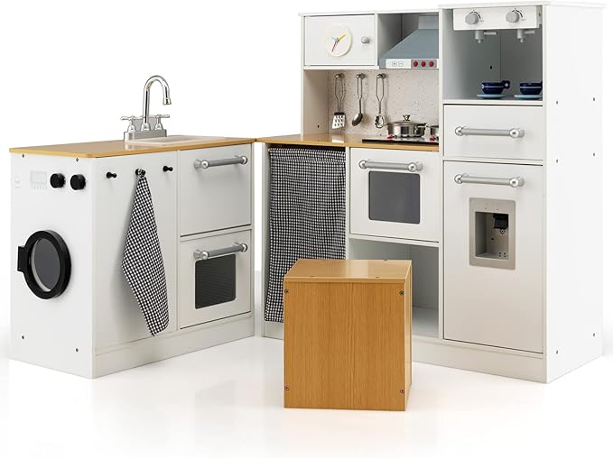 Costzon 2-Piece Corner Play Kitchen, Wooden Play Kitchen w/Washing Machine, Realistic Light & Sound, Coffee Maker, Stove & Accessories, Little Chef Pretend Toy Kitchen for Boys & Girls