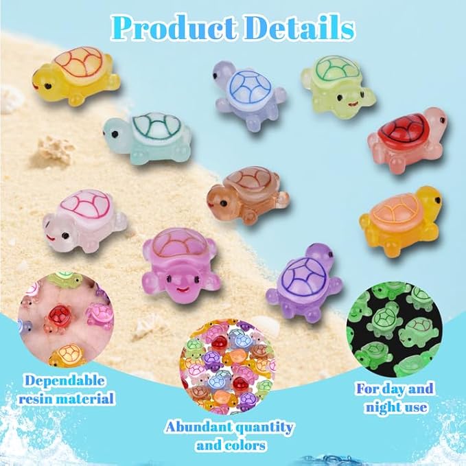 100PCS Mini Turtles Luminous Mini Resin Animals Sea Resin Turtle Figurines, Plastic Ocean Tiny Turtles to Hide, Glow in the Dark Plastic Tortoises for Micro Landscape Little Garden Decor Party Gifts