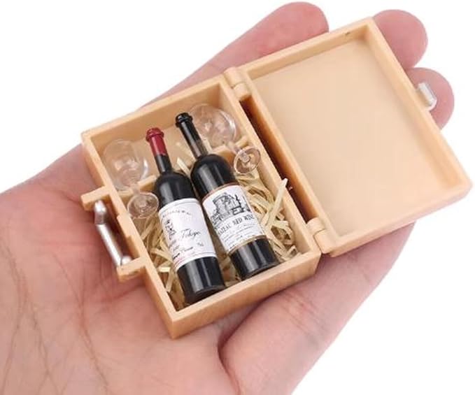 Miniature Red Wine Set: 1/12 Scale Wine Box, Bottles & Glasses for Dollhouse Food Accessories