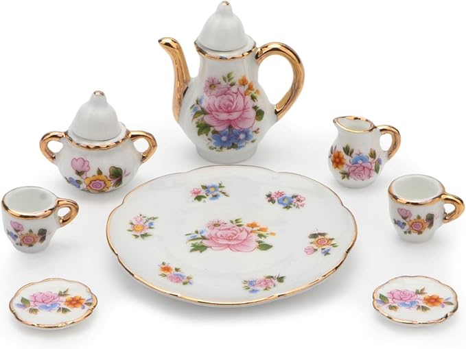 Cutemini 1:6 Scale Miniature Porcelain Dollhouse Tea Cup Sets 8PCS Flower Pattern Teapot Platter Dish Sets Dollhouse Kitchen Supplies Decoration (Light Pink)