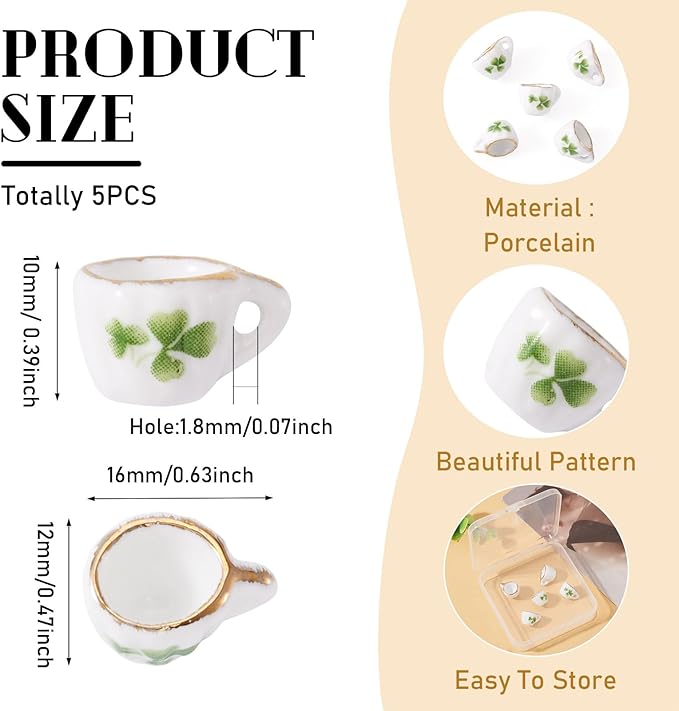 5Pcs Lucky Clover Mini Porcelain Tea Cup Decorations 3D Ceramic Tea Set Miniature Model Ornaments Dollhouse Micro Landscape Decoration Flower Garden Home Decor St. Patrick's Day 16x12x10mm
