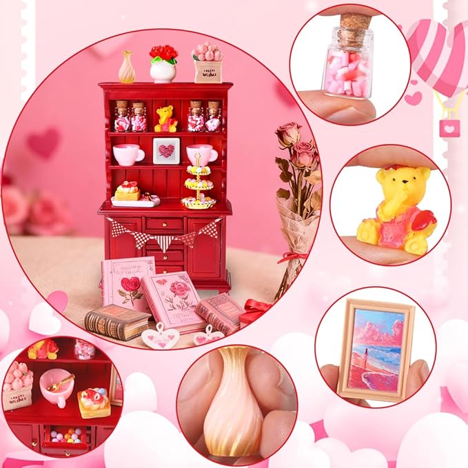 24Pcs Valentines Dollhouse Miniatures Decorations 1:12 Scale Mini Romantic Wooden Bookshelf Furniture Set Tiny Bottles Flowers Chairs Cups Valentine's Day Decor