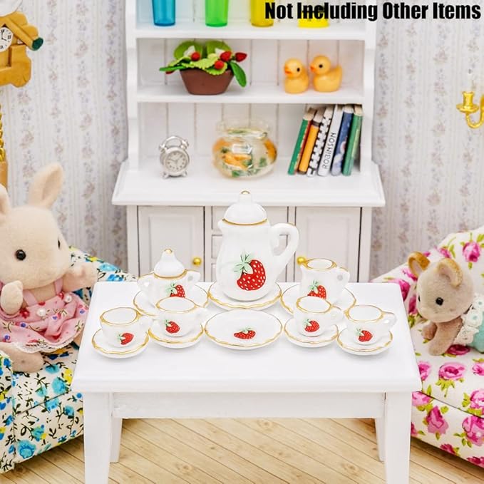 Odoria 1/12 Miniature Porcelain Tea Set 15Pcs Dollhouse Decoration Accessories, Strawberry