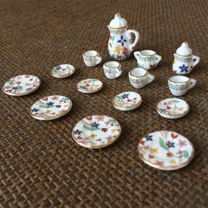 Dollhouse Decoration Accessories, 1:12 Dollhouse Miniature 15 Pcs Porcelain Tea Sets Mini Food Toy Model (A)