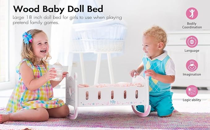 ROBOTIME Baby Doll Crib, Doll Bed for 18–24 Inch Dolls, Wooden Doll Cradle with Mattress, Pillow & Quilt, Pretend Play Doll Furniture Gift for Girls & Boys Ages 3+