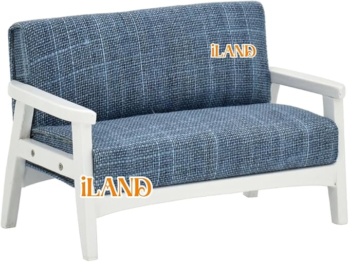 iLAND Dollhouse Couch and Miniature Sofa Set with Mini Houndstooth Cushions, Dollhouse Furniture on 1/12 Scale for Dollhouse Living Room (Sky Blue)