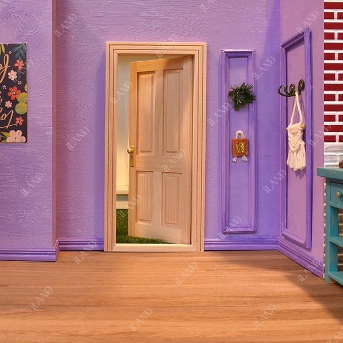 iLAND Wooden Dollhouse Door of 1/12 Scale Accessories, Dollhouse Building Materials, Classic 4-Pannel Miniature Door w/Trims & Doorknob & Key (Classic 4-Pannel Door)