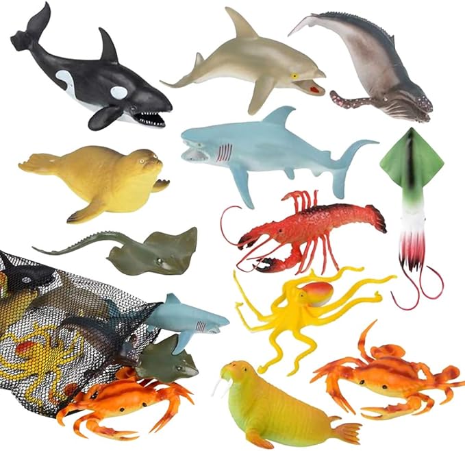ArtCreativity Aquatic Animal Assortment in Mesh Bag, Pack of 11 Sea Creature Figurines in Assorted Designs, Bath Water Toys for Kids, Ocean Life Party Décor, Party Favors for Boys and Girls