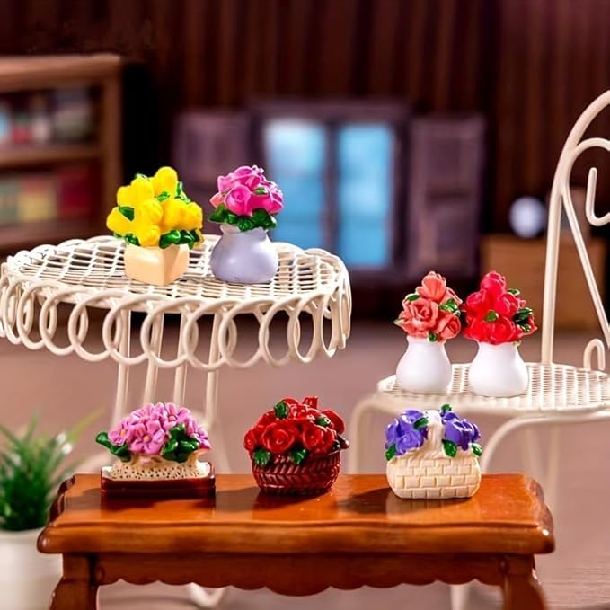 JiuGongmoup 8 Pcs Mini Resin Flowerpot Figurines - Rose, Tulip & Sunflower Potted Flowers, Cute Miniature Plants for Dollhouse Accessories, Desk, Car & Home Decorations, Refreshing Gifts for Girls