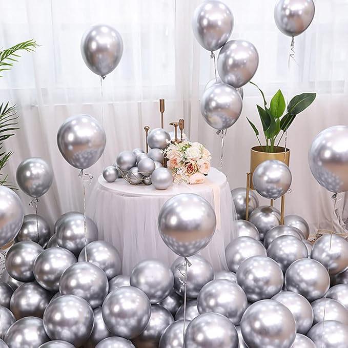 5 inch Metallic Silver Balloons, 100 pcs Thick Chrome Birthday Latex Helium Balloon (Metallic Silver)