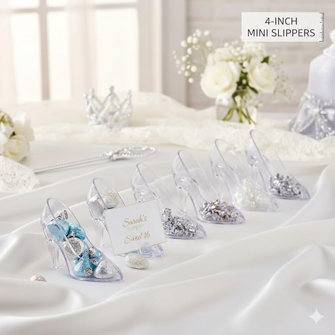 Oojami 6-Pack Mini Glass Slipper Party Favors – 4-Inch Clear Plastic Princess Shoes for Candy Holders, Wedding Centerpieces, and Quinceañera Decor