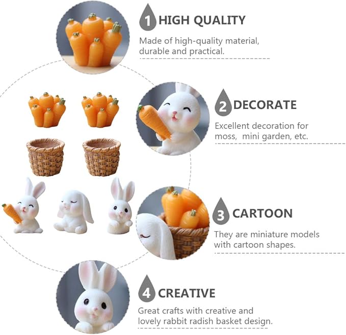 PRETYZOOM 7pcs Easter Rabbit Radish Model Table Ornament Creative Micro Landscape Decoration for Home Decor Desktop Adornment Present for Easter Garden