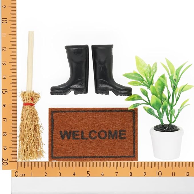 Odoria 1/12 Miniature Rubber Boots Plants Welcome Mats Doormat Broom Dollhouse Decoration Accessories
