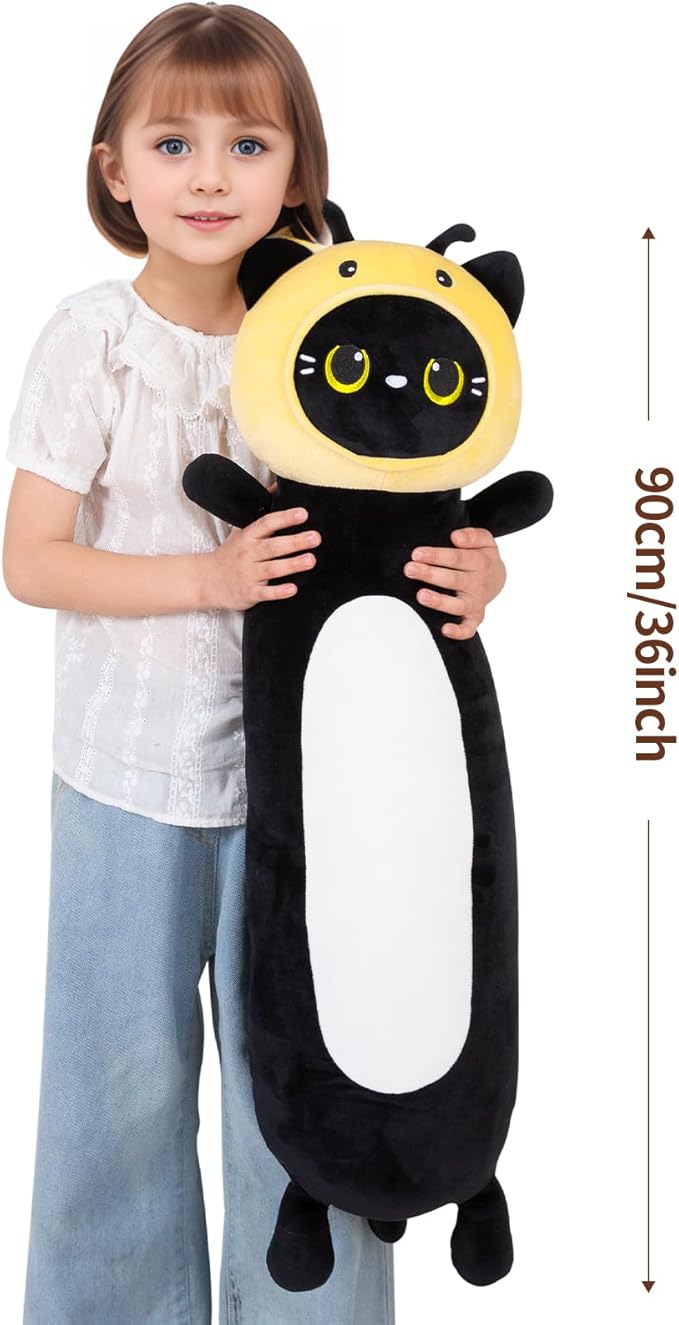 36 inch Bee Black Cat Long Plush Body Pillow Toy, Kitten Plushies with Stuffy Honeybee Oufit Big Stuffed Animals Gfit for Kids Boys Girls, Birthday, Halloween, Christmas