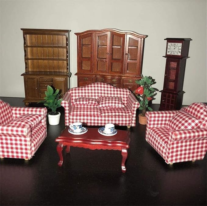 2 Sets 1:12 Scale DIY Dollhouse Sofa&Armchair with Pillow Mini Dolls House Furniture Couch&Chair Miniature Wooden Furniture Handmade Crafts Supplies Red Checkered Dollhouse Toy Dollhouse Accessories