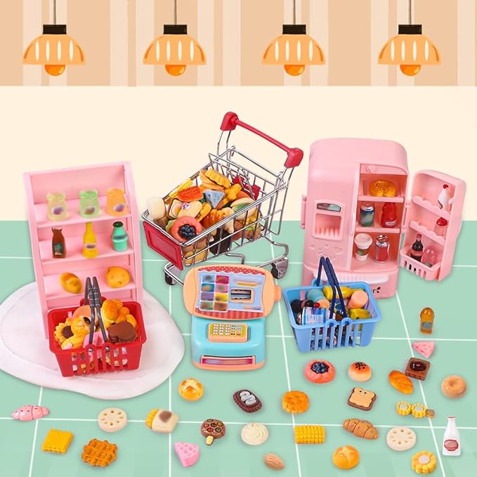 143pcs Mini Shopping Cart Basket Miniature Food Drink Bottle Toys, Supermarket Shelve Metal Handcart Cash Register for Dollhouse Store AccessoryPretend Play Cosplay Game Kids Party Favor