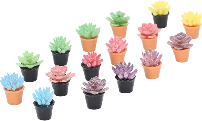 Dilwe 16Pcs Dollhouse Potted Plants, Mini Succulents Plants for Dollhouse Decoration, Resin 1:12 Scale Lifelike Appearance Colors Miniature Bonsai Plant Mini Potted Plant Flower Model