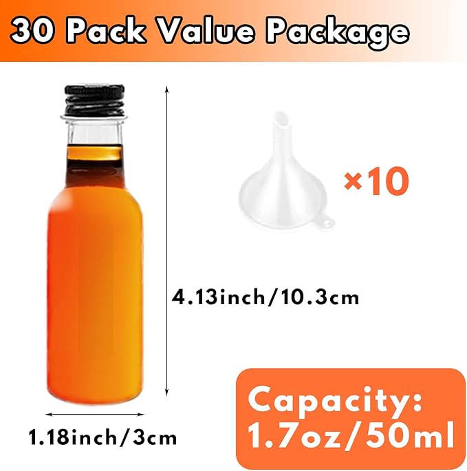 Mini Liquor Bottles, 30 Pack Airtight Plastic Spirit With Black Cap, 1.7oz Empty Alcohol Shot With 10 Funnels, Miniature for Weddings, Parties