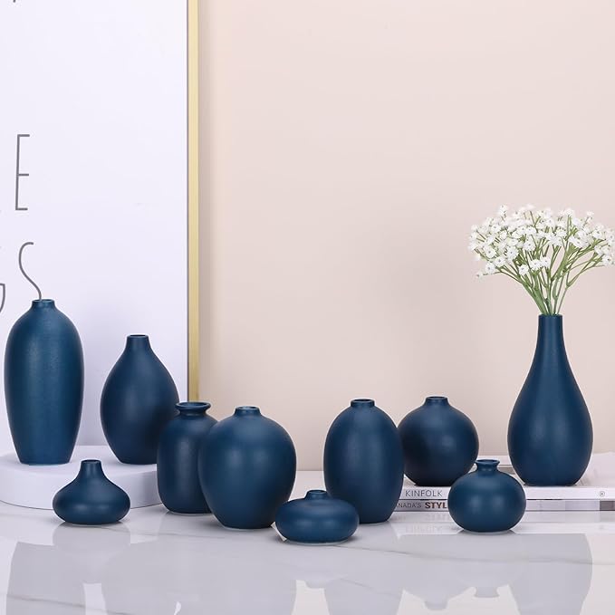 Ceramic Bud Vase Set of 10 - Blue mini Bud Vases in Bulk Dining Table Centerpieces, Cute Bulk Small Flower Vase for Pampas Grass&Single Flower Decor, Ideal Wedding Window Sill Aesthetic Desk Decor