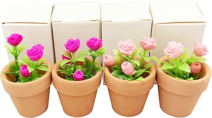 4 Pieces Mini Dollhouse Potted Plant Flower Model 1:12 Miniature Scene Bonsai Plant Set Accessories Micro Landscape Decoration (Rose+Pink)