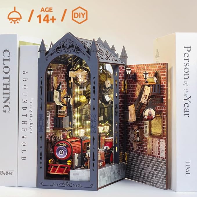 DIY Book Nook Kit, Miniature Dollhouse Booknook Kit with Light, Bookend Bookshelf Decor for Christmas Day, Best Gift for Family, Friends, Magic Train Station