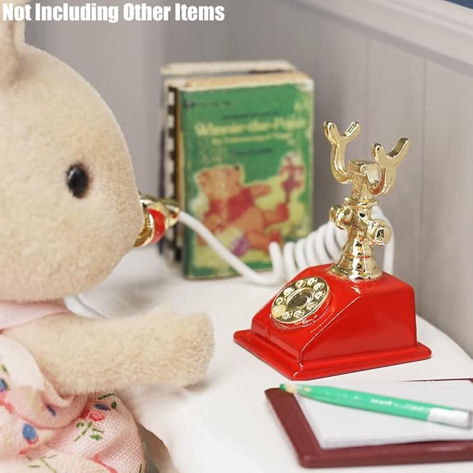 Odoria 1/12 Miniature Rotary Telephone Dollhouse Decoration Accessories, Red