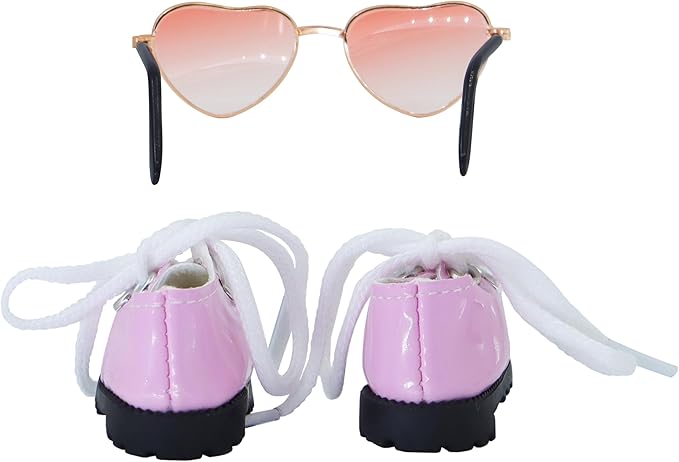 Suitable for 17cm Doll Clothing Accessories Set, Cute PU Leather Lace-up Mini Oxford Shoes and Glasses Two-Piece Set (Pink)