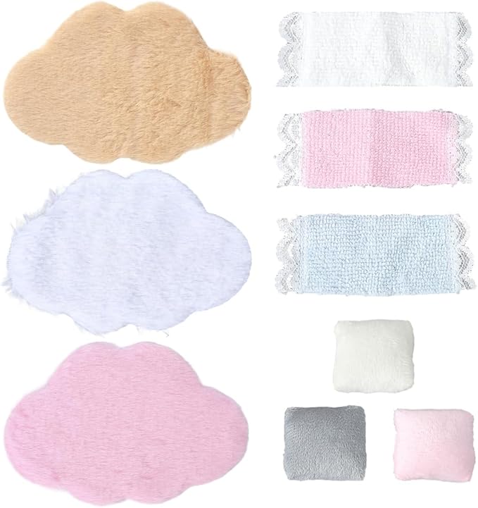 GORGECRAFT 3 Sets Miniature Carpet 3pcs Dollhouse Pillow 3pcs Dollhouse Towels Mini Doll House Decor Polyester Fluffy Miniature Doll House Cloud Rug for Furniture Decoration Bedroom