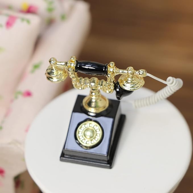 Dollhouse Telephone 1:12 Miniature Vintage Rotary Phone Model Desk Decoration Retro Mini Accessorries for Artificial House Living Room Scene (Black)
