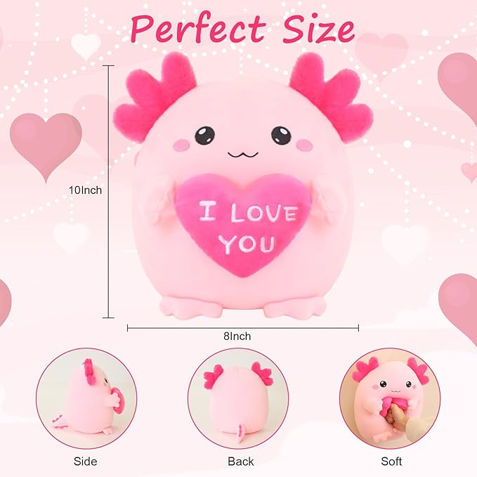 Axolotl Stuffed Animal, Loving Axolotl Plush Toys with Holding Heart I Love You for Valentine's Day, Sweet Romantic Anniversary Birthday Gift for Girlfriend/Boyfriend(Pink,10 inch)