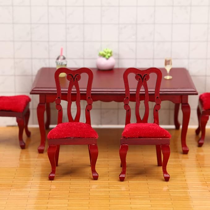 Vintage Dollhouse Furniture Miniature Table and Chairs Set 1/12 Scale Accessories Wood Mini Victorian Dining Chair Set Red Kitchen Decorations Model