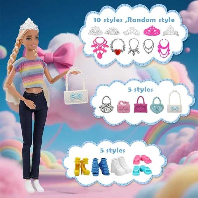 35 Pcs Doll Accessory Set for 11.5 Inch Fashion Dolls: 5 Generic Crowns, 5 Necklaces, 10 Hangers, 5 Pairs Shoes, 5 Bags, 2 Pairs Glasses, 2 Bracelets, 1 Pair Doll Earphones