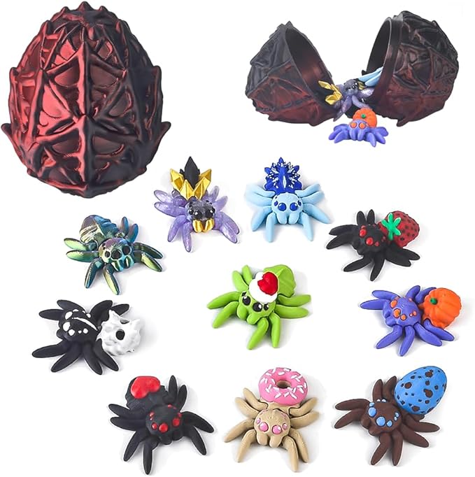 3D Printed Dragon Egg with 10 Unique Spiders,3D Printed Animals,Stocking Stuffers,Surprise Spider Set for Party Favors (Black-Red)