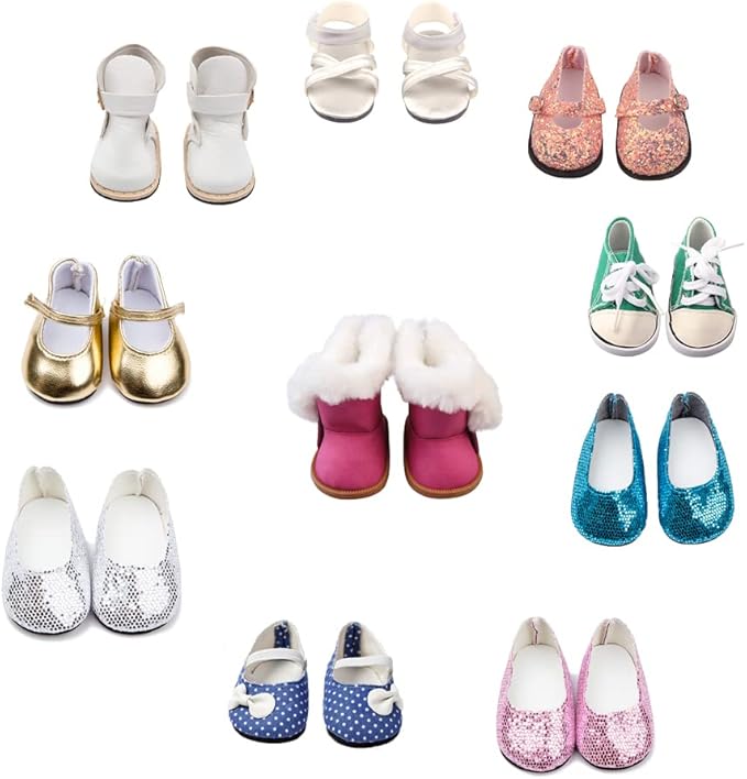 10 Pairs of 18-Inch Doll Shoes, BOSOIRSOU 2.75in Boots, Dance Shoes, Sandals, Casual Shoes, Canvas Shoes for 18" Dolls Accessories