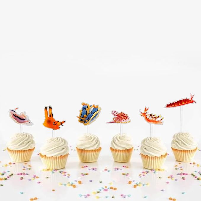 18-Pcs Mollusk Cupcake Toppers Sea Slug Themed Happy Birthday Decorations, Perfect Nudibranch Decorations for Boys or Girls Ocean Themed Birthday Party, Mollusk Party and Baby Shower. SugarGera