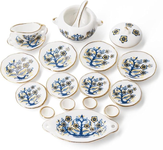 Odoria 1/12 Miniature Dish Dinnerware Set 17Pcs Dollhouse Decoration Accessories, Zamioculas Zamiifolia